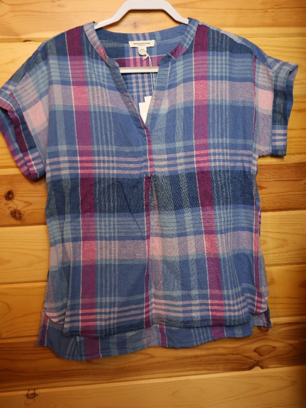 BeachLunchLounge Women’s Plaid Popover Blouse M Blue Pink Short Sleeve NWT
